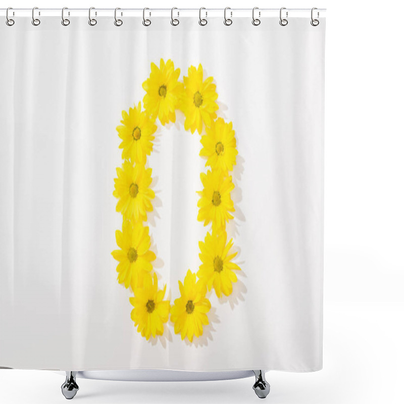 Personality  Top View Of Yellow Daisies Arranged In Letter O On White Background Shower Curtains