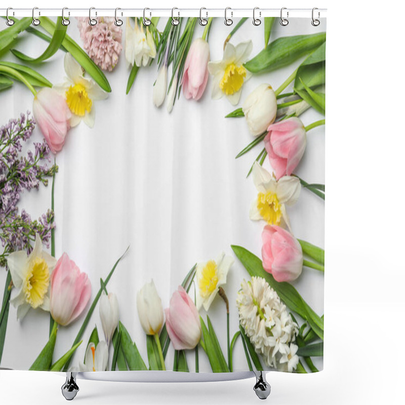 Personality  Frame Made Of Spring Flowers On White Background, Top View With Space For Text Shower Curtains