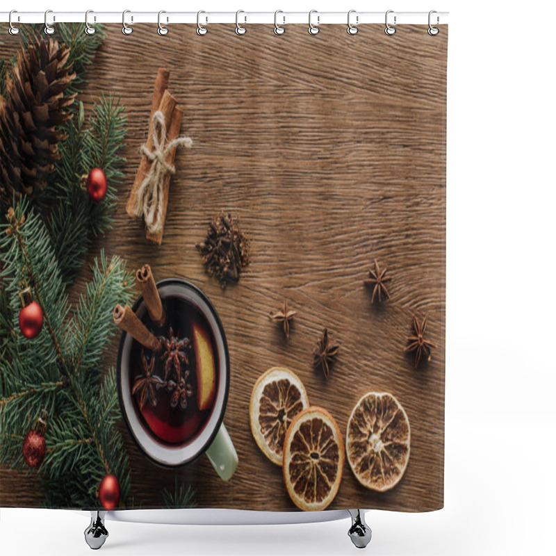 Personality  Top View Of Mulled Wine, Dried Oranges And Fir Twigs With Baubles On Wooden Tabletop, Christmas Concept Shower Curtains