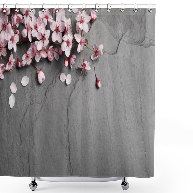 Personality  Blossoming Spring Tree Branch On Black Slate Table, Flat Lay. Space For Text Shower Curtains