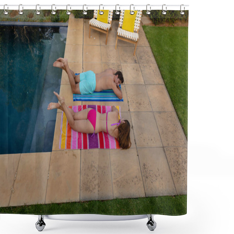 Personality  Weekend At Home Together. High Angle View Of A Caucasian Couple Wearing Beachwear In A Garden, Lying Beside A Swimming Sunbathing Shower Curtains