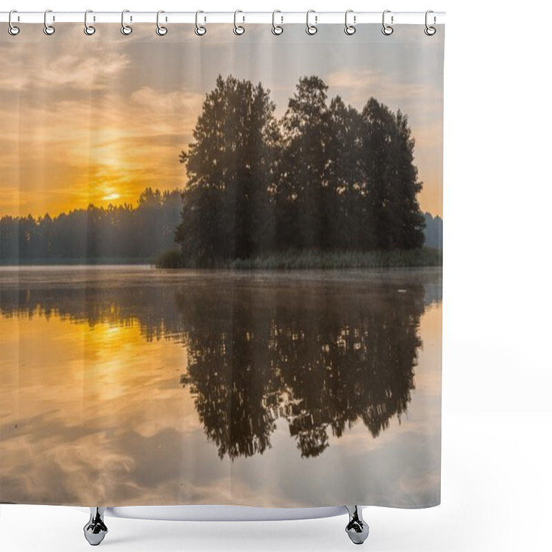 Personality  Beautiful Sunrise Over Misty Lake. Shower Curtains