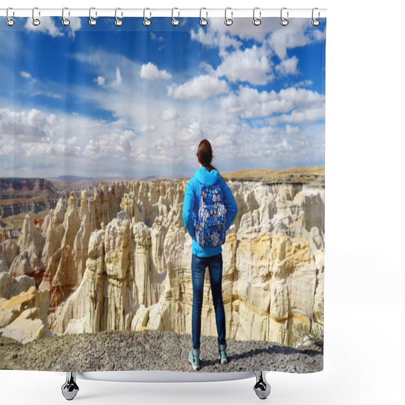 Personality  Hiker Admiring Views Of Sandstone Formations Shower Curtains