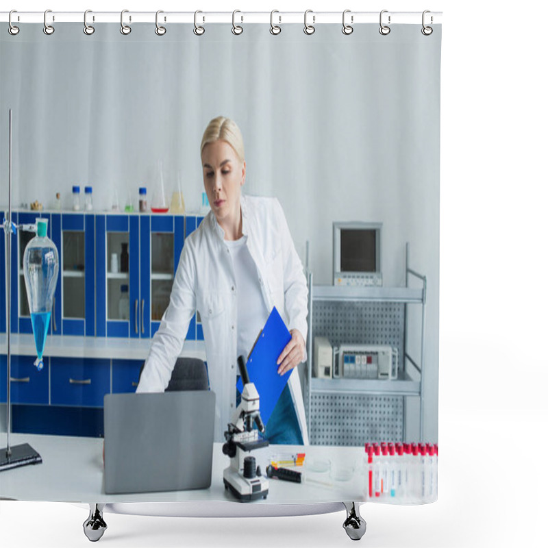 Personality  Scientist Holding Clipboard Near Laptop And Test Tubes In Lab  Shower Curtains