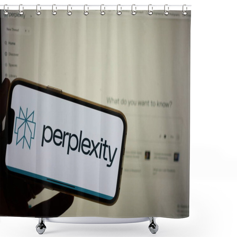 Personality  Roosendaal, The Netherlands - February 2, 2025: A Mobile Phone Screen Displaying The Logo Of Perplexity AI, A Conversational AI Search Engine, With The Company Website In The Background. Shower Curtains