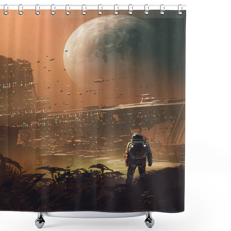 Personality  Astronaut Looking At Futuristic City In The Planet, Digital Art Style, Illustration Painting Shower Curtains