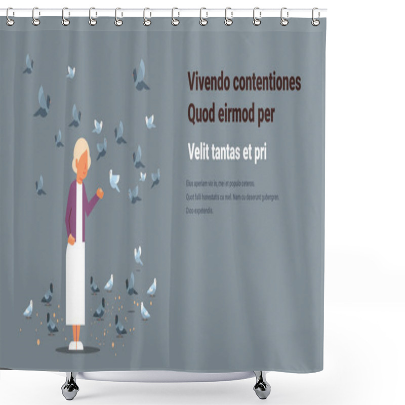 Personality  Senior Woman Feeding Flock Of Pigeon Grandmother Elegant Female Cartoon Character Horizontal Copy Space Flat Shower Curtains