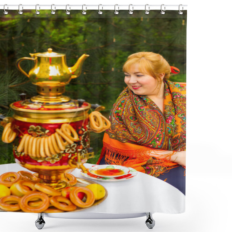 Personality  Beautiful Russian Girl With A Curvaceous, Rosy And Happy Sitting Shower Curtains