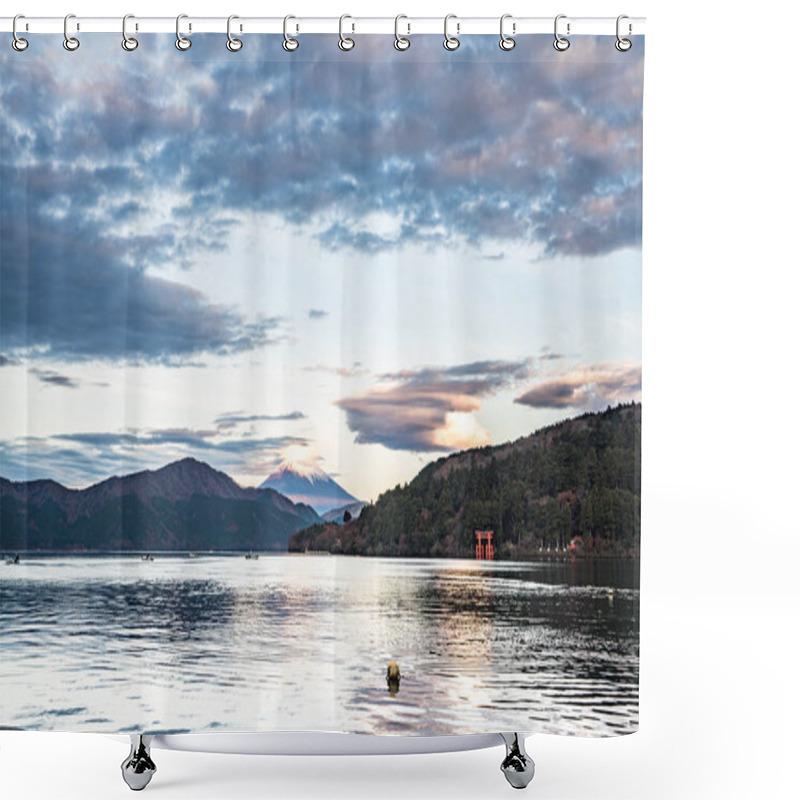 Personality  Mountain Fuji And Lake Ashi With Hakone Temple And Sightseeing Boat In Autumn Shower Curtains