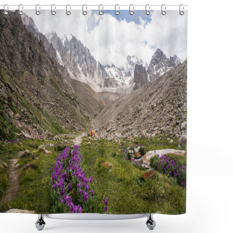 Personality  View Of Meadow With Stones And Flowers Against Footpath On Foot Of Rocks, Ala Archa National Park, Kyrgyzstan Shower Curtains