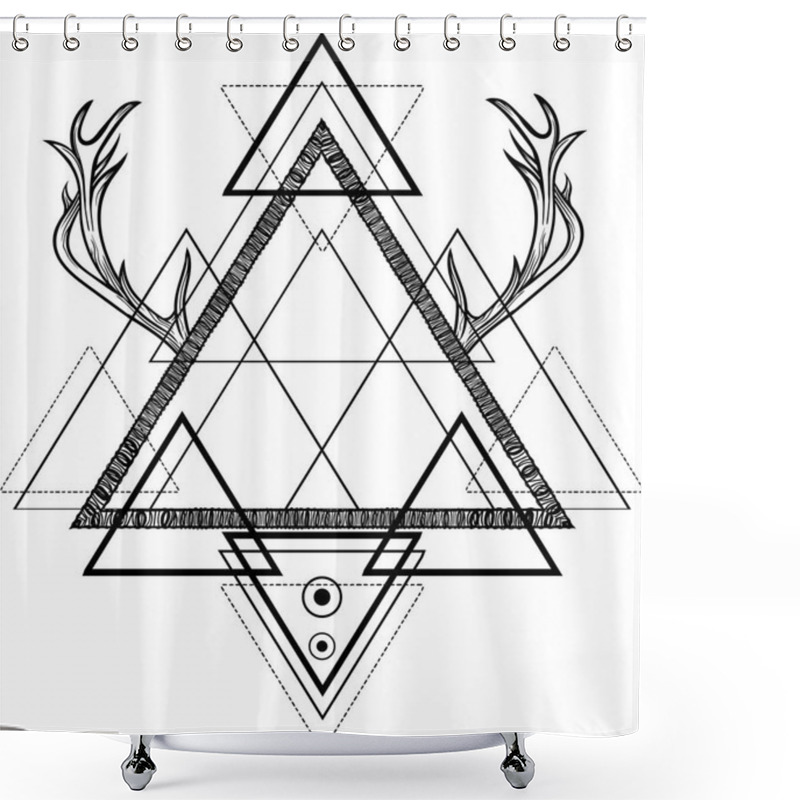 Personality  Blackwork Tribal Tattoo.Abstract Background With Dreamcatcher, Triangles And Deer Antlers.Deer Horns.Vector.mystic .Sacred Geometry Dotwork.Boho Hipster Design.Navajo Jewelry Decorations.T-shirt Print Shower Curtains