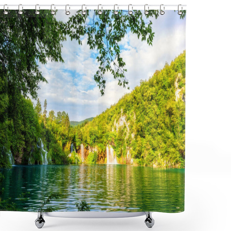 Personality  Plitvice Lakes National Park Beautiful Daytime Landscape, Green Forest, Waterfalls, Blue Cloudy Sky And Reflection In Amazing Green Water Of Nature Lake, Image Suitable For Wallpaper Or Guide Book Shower Curtains