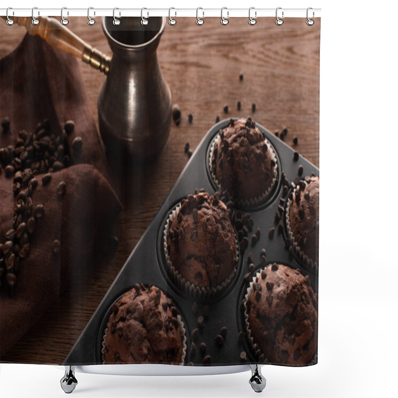 Personality  Fresh Chocolate Muffins In Muffin Tin On Wooden Surface Near Cezve With Coffee Beans On Napkin Shower Curtains