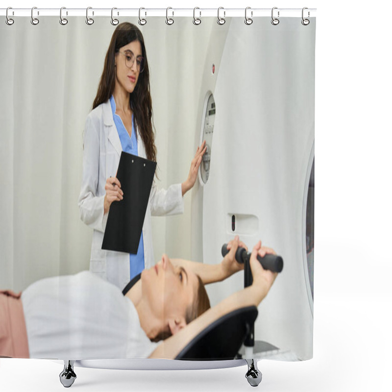 Personality  Doctor In Lab Coat Assists Patient During MRI Scan, Ensuring Comfort And Accuracy In Diagnostics. Shower Curtains