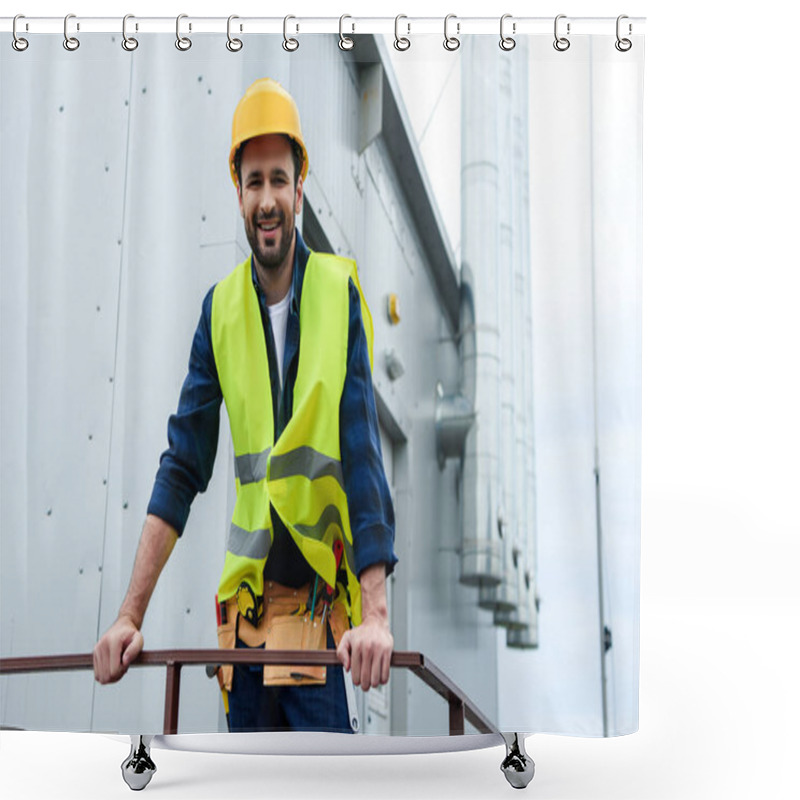 Personality  Male Smiling Engineer In Safety Vest And Helmet With Tool Belt On Construction Shower Curtains