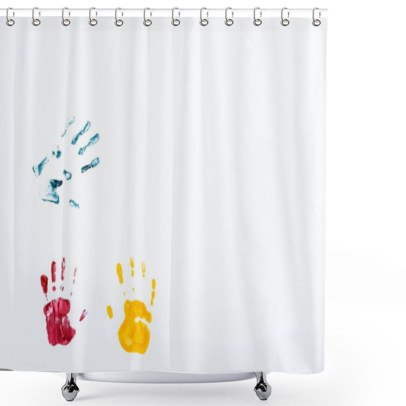 Personality  Yellow, Red And Blue Hand Prints On White  Shower Curtains