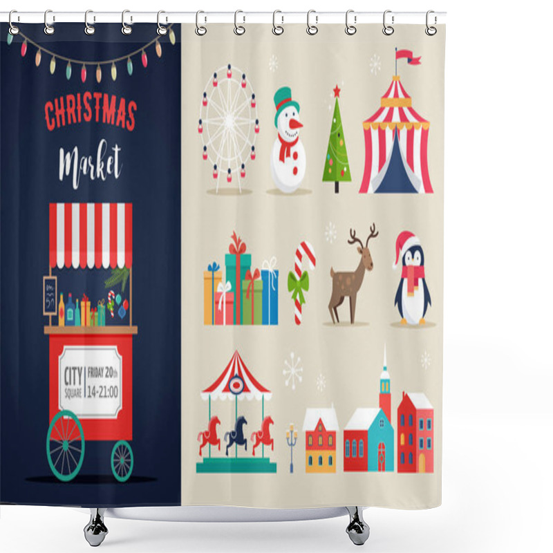 Personality  Christmas Village, Winter Town, Christmas Market, Xmas Fair, Christmas Poster. Merry Christmas Background And Icons Set Shower Curtains