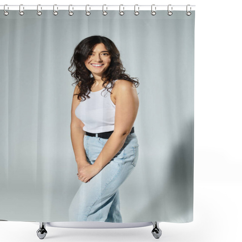 Personality  Radiating Confidence, A Young Plus Size Woman Shines In A Studio Setting. Shower Curtains