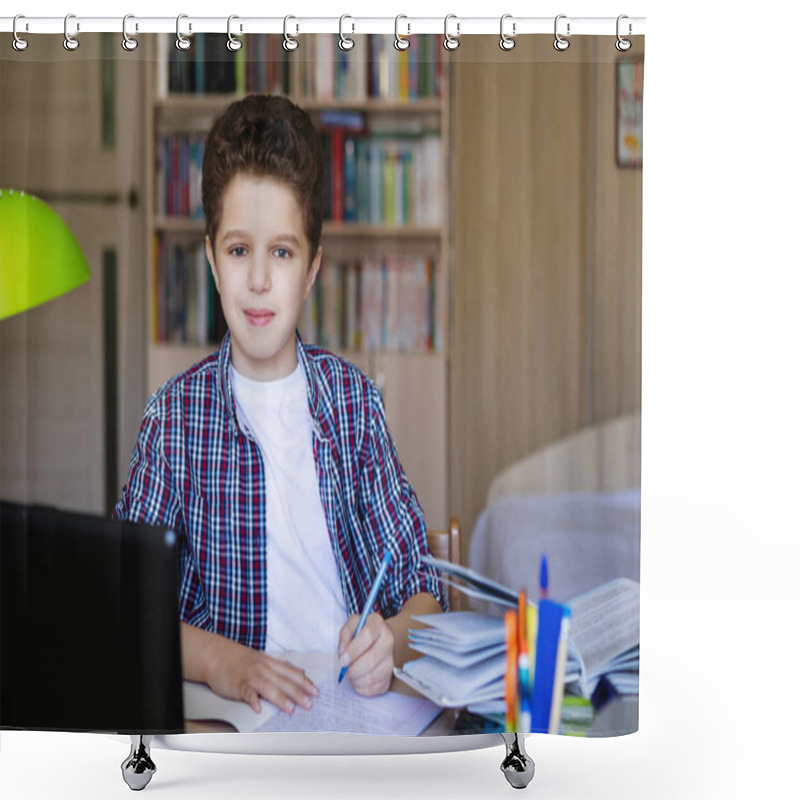 Personality  Teenager Boy In Headphones At A Table With A Laptop Smiles And Looks At The Camera. Coronavirus Quarantined Home Schooling. Selective Focus. Blur Background. Shower Curtains