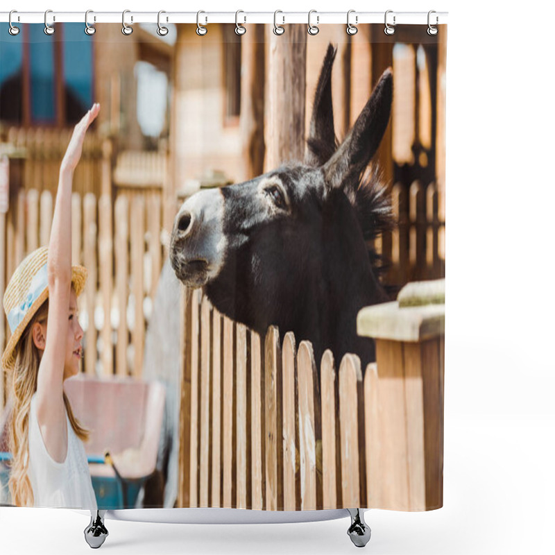 Personality  Cute Kid In Straw Hat Gesturing While Looking At Donkey In Zoo  Shower Curtains