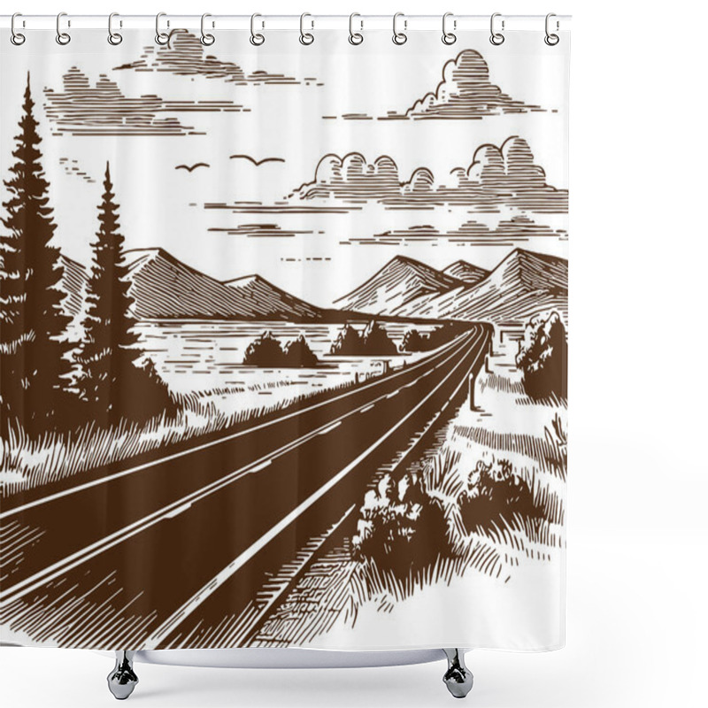 Personality  Mountain Highway Through Pine Trees And Valley Line Art Drawing Shower Curtains