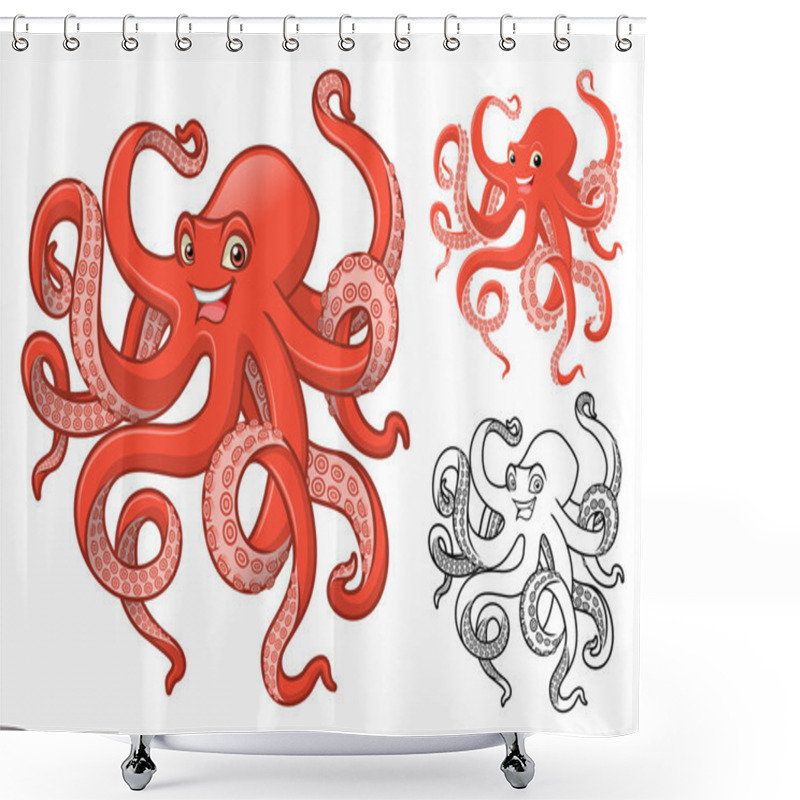 Personality  High Quality Octopus Cartoon Character Include Flat Design And Line Art Version Shower Curtains