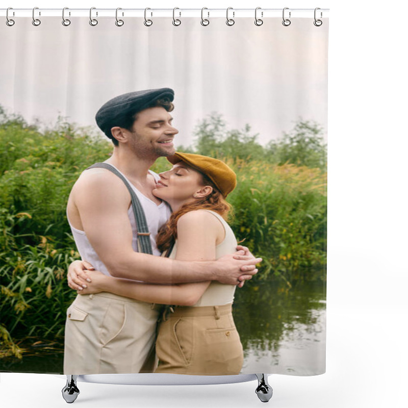 Personality  A Man And A Woman Stand Gracefully Together By A Tranquil Body Of Water In A Lush Green Park, Sharing A Romantic Moment. Shower Curtains