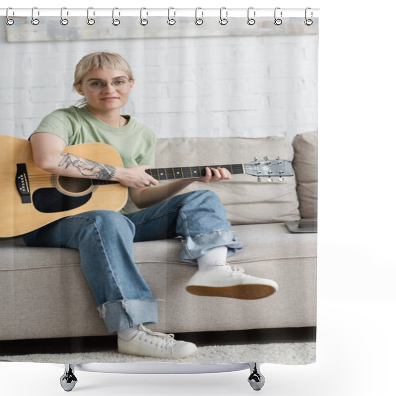 Personality  Young Woman In Glasses With Bangs And Tattoo Holding Acoustic Guitar And Learning How To Play Near Laptop And Sitting On Comfortable Couch, Looking At Camera In Modern Living Room At Home  Shower Curtains