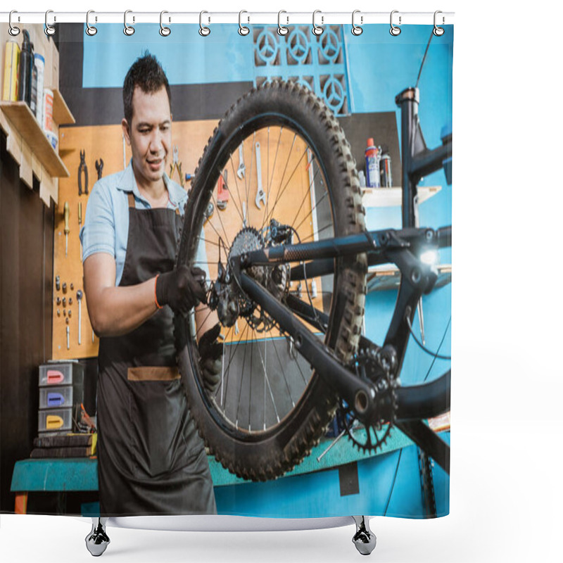 Personality  Bicycle Mechanic In Aprons Tightens Spokes While Fixing Problems Shower Curtains