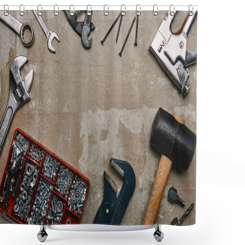 Personality  Top View Of Various Carpentry Tools On Old  Surface Background Shower Curtains