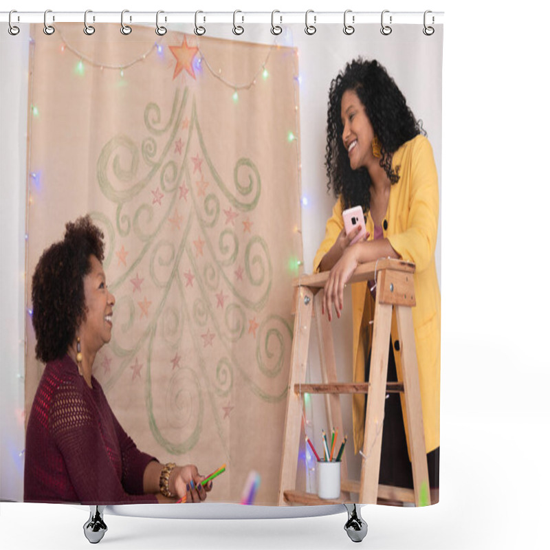 Personality  Black Mother And Artist Daughter Drawing The Christmas Tree Together. Creativity And Recreational Activity. Shower Curtains