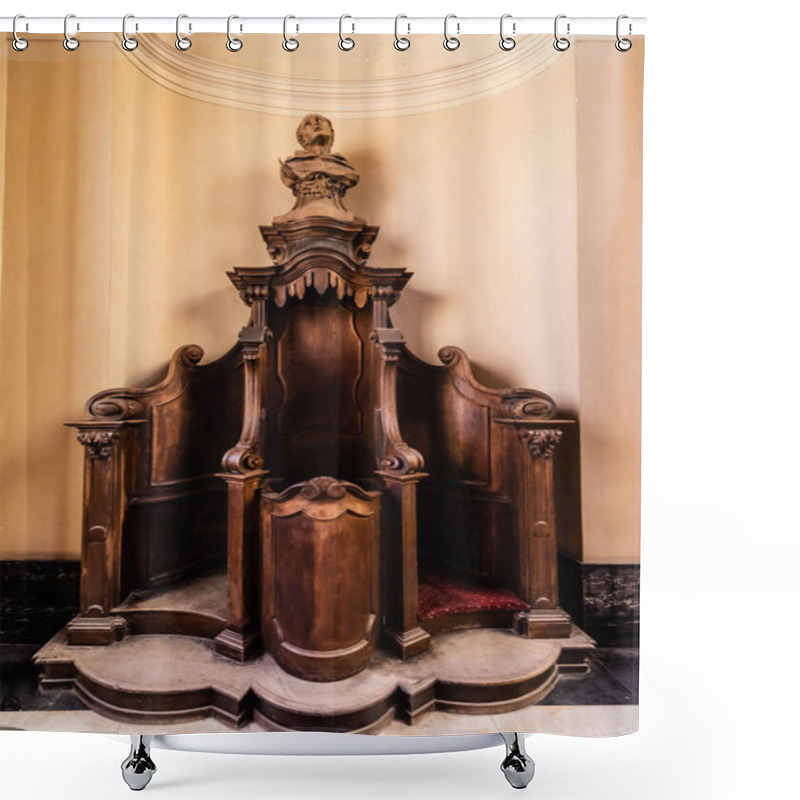 Personality  LVIV, UKRAINE - OCTOBER 23, 2019: Wooden Confessional In Dominican Church Shower Curtains