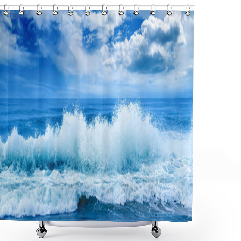 Personality  Bright Ocean Panoramic Landscape In Blue Tones. Sea Waves And Beautiful Sky With White Clouds. Shower Curtains