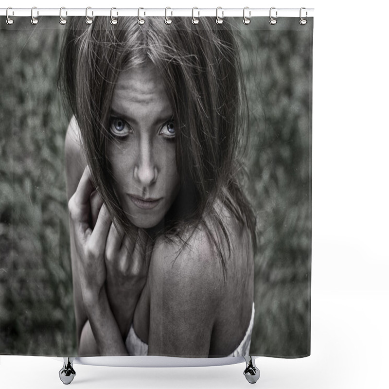 Personality  Nightmare And Halloween Theme: Portrait Of Scary Girl Witch In The Woods Shower Curtains