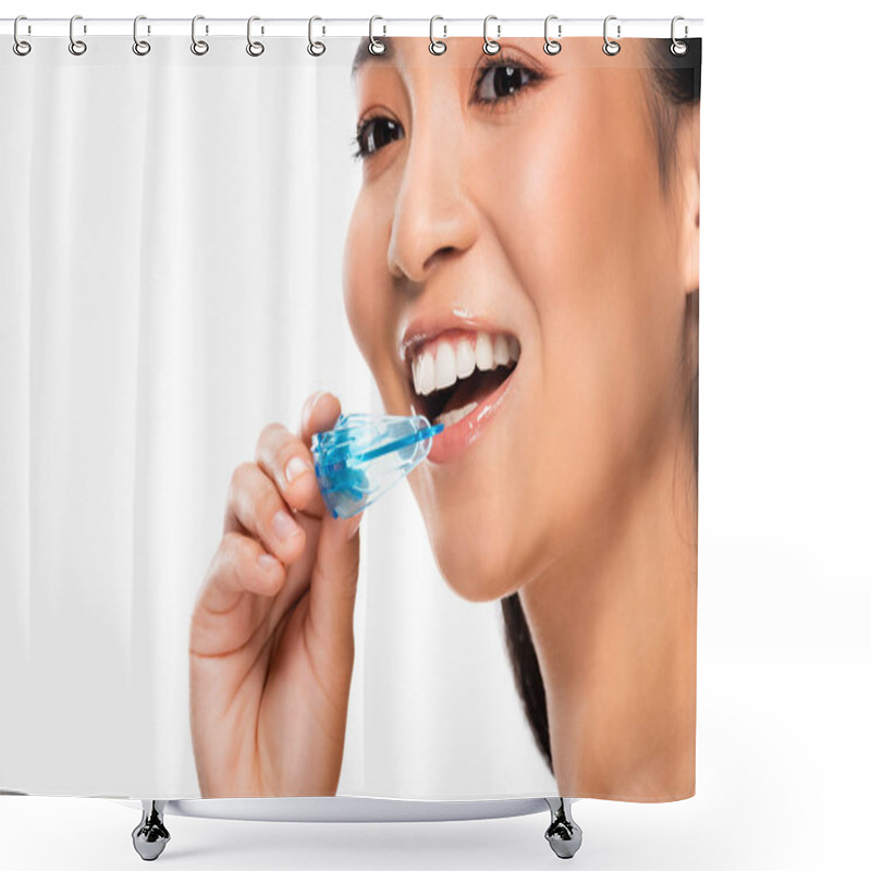 Personality  Portrait Of Asian Woman Holding Mouth Guard Isolated On White Shower Curtains