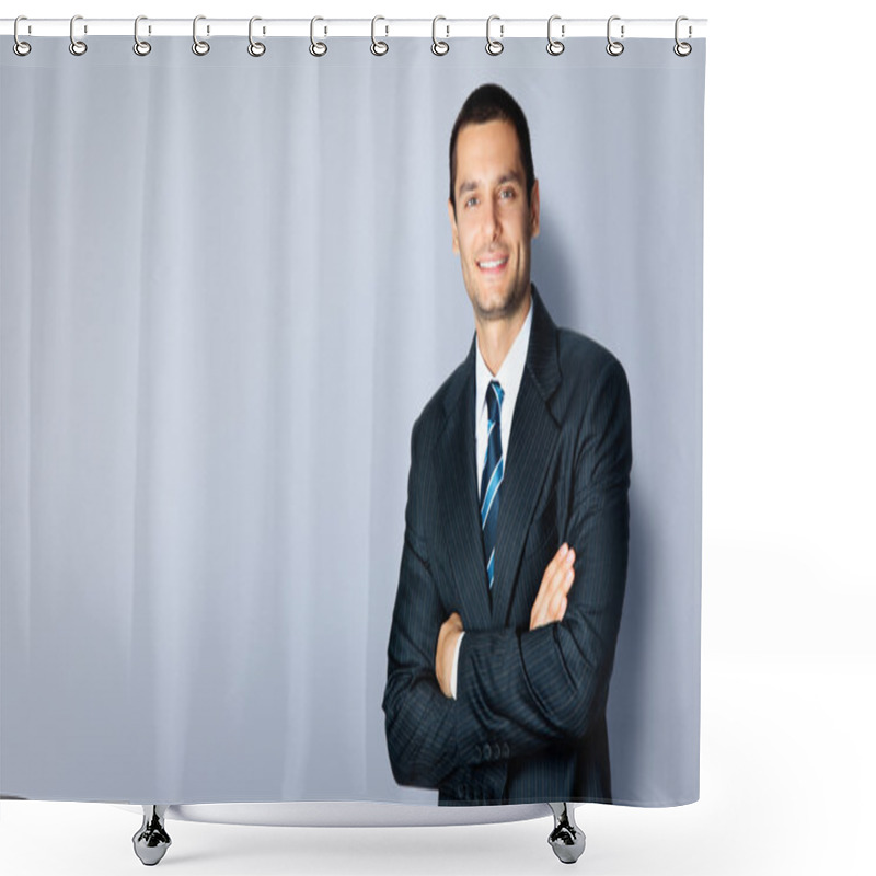 Personality  Happy Businessman With Crossed Arms, Against Grey Shower Curtains