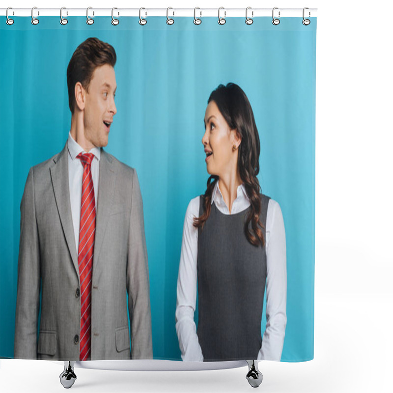 Personality  Two Surprised Businesspeople Looking At Each Other On Blue Background Shower Curtains