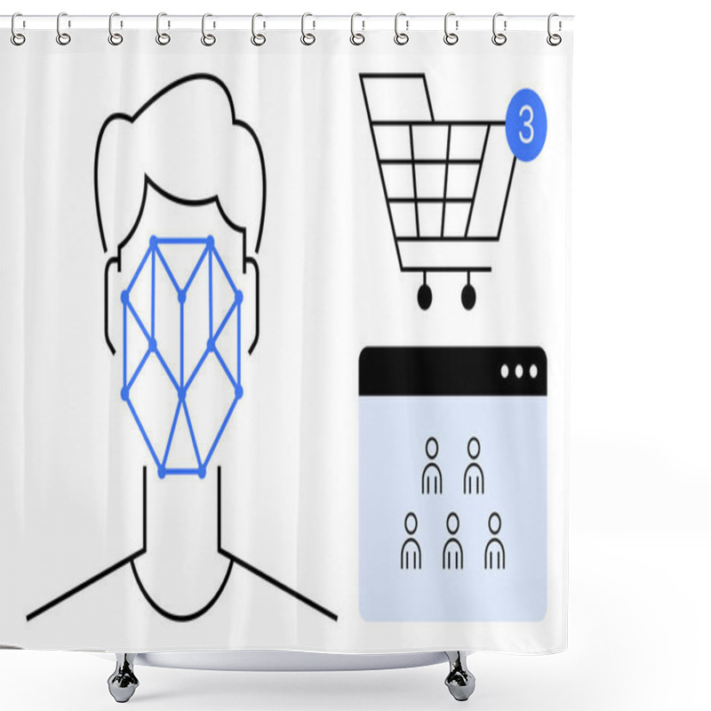 Personality  Facial Recognition Profile, Shopping Cart With Notification, Browser Window With User Icons. Ideal For AI, Online Shopping, User Authentication, Security, E-commerce, Tech Interfaces Digital Shower Curtains