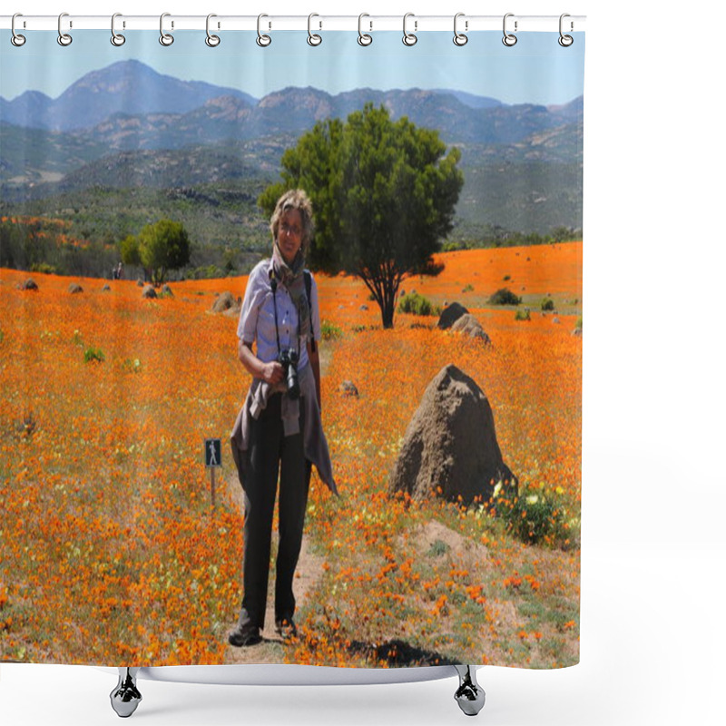 Personality  Adult Tourist Walking Throught Fields In Namaqualand Shower Curtains