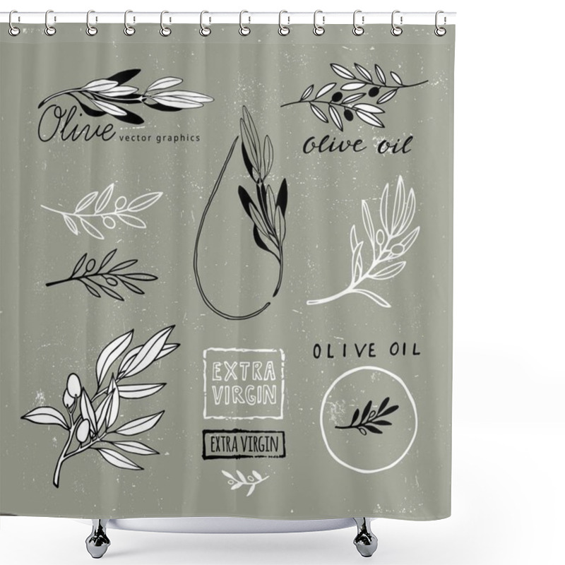 Personality  Set Of Hand Drawn Olive Branches. Vector Plant Shapes. Illustration For Extra Virgin Olive Oil Packaging Shower Curtains