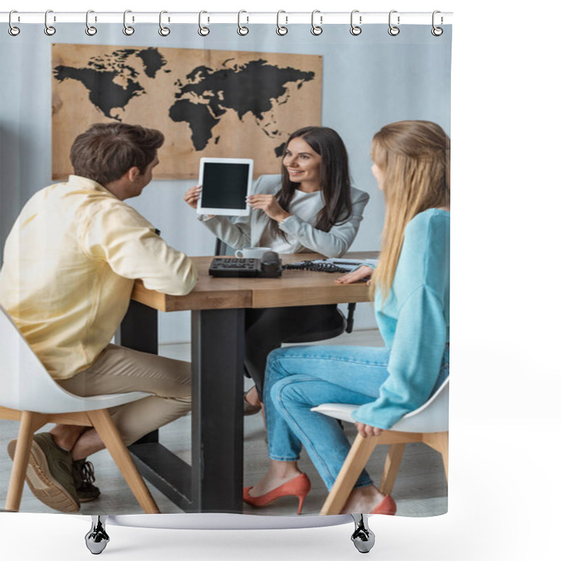 Personality  Smiling Travel Agent Showing Digital Tablet To Couple Of Tourists Shower Curtains