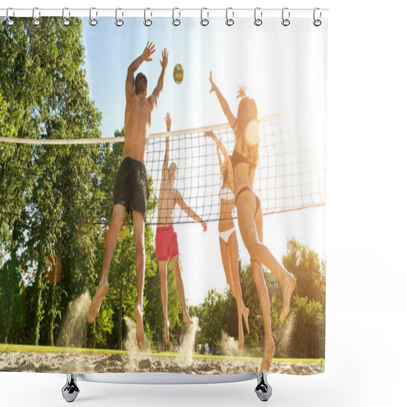 Personality  Friends Playing Volleyball On Beach Shower Curtains