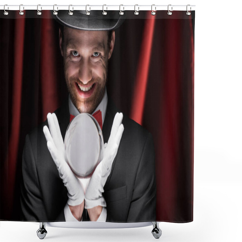 Personality  Scary Smiling Magician Holding Magic Ball In Circus With Red Curtains Shower Curtains