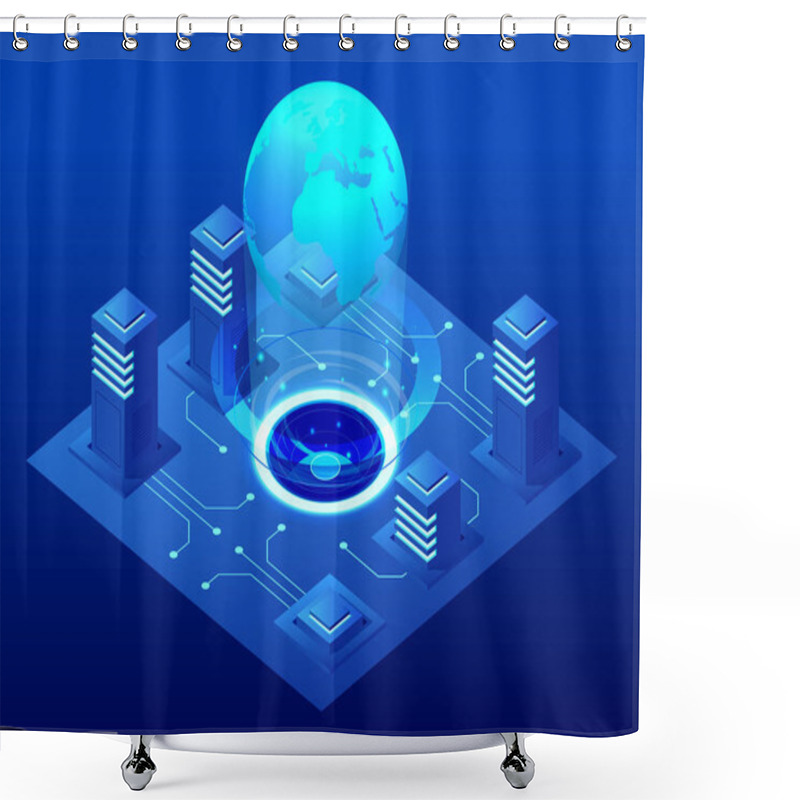 Personality  Isometric Modern Server Room, Cybersecurity Infrastructure, Big Data Storage And Cloud Computing Technology Concept. Shower Curtains