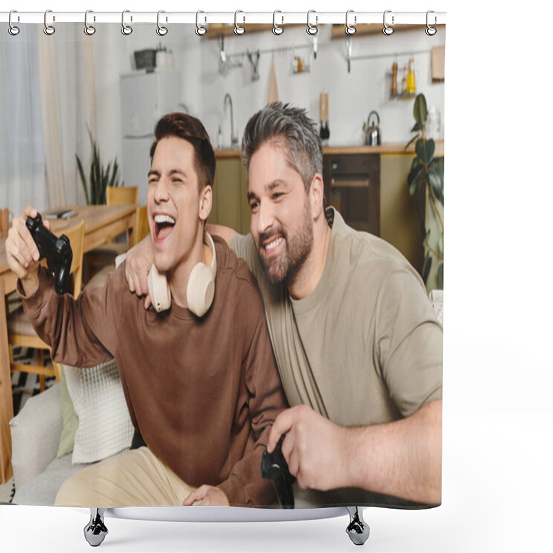 Personality  Two Brothers Share Laughter And Excitement While Playing Video Games In A Comfy Home Setting. Shower Curtains