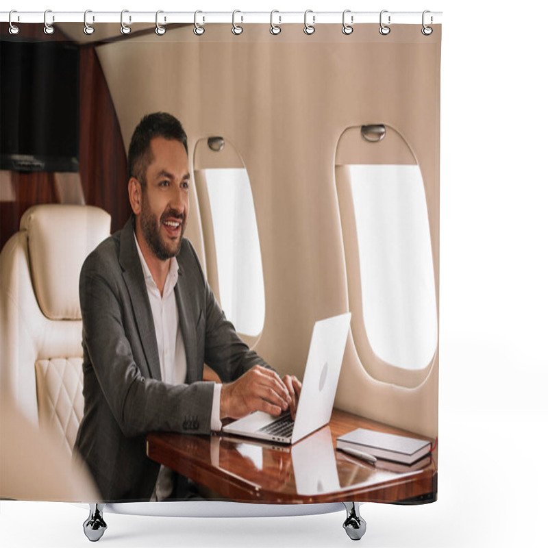 Personality  Selective Focus Of Happy Bearded Businessman Using Laptop In First Class  Shower Curtains