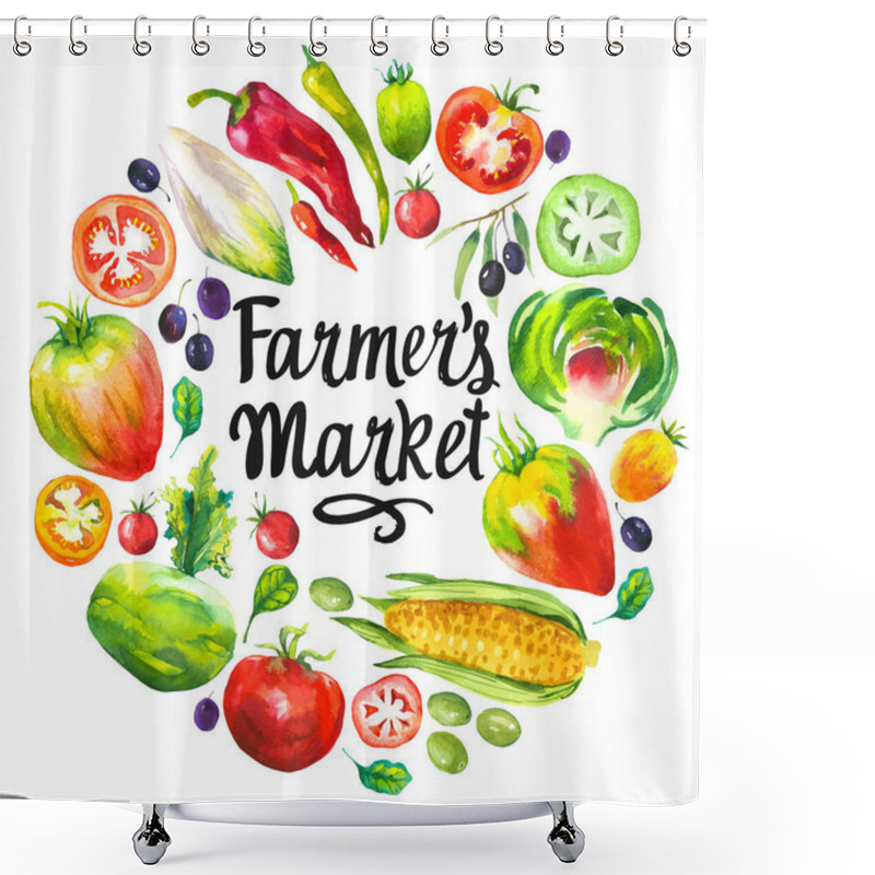 Personality  Watercolor Illustration With Round Composition Of Farm Products. Vegetables Set: Artichokes, Tomato, Olives, Cauliflower, Chicory, Corn, Tomato, Spinach, Peppers. Fresh Organic Food. Shower Curtains