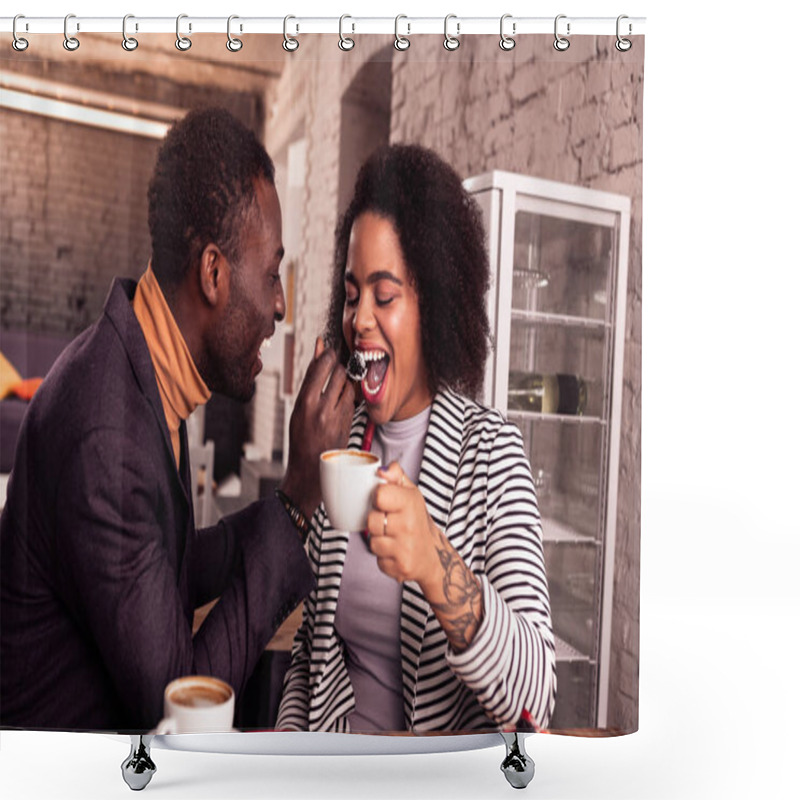 Personality  Nice Delighted Young Woman Opening Her Mouth Shower Curtains