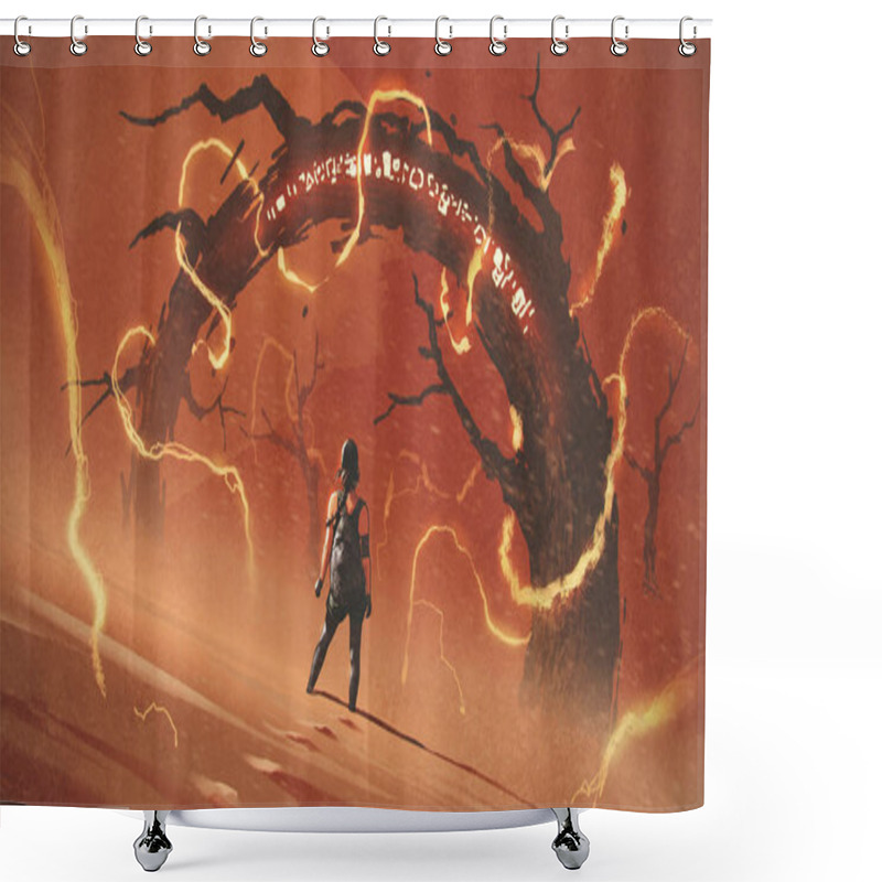 Personality  Adventure Scene Showing The Young Woman Standing In Front Of The Odd Tree Gate With Lightning Effects Against Red Desert, Digital Art Style, Illustration Painting Shower Curtains