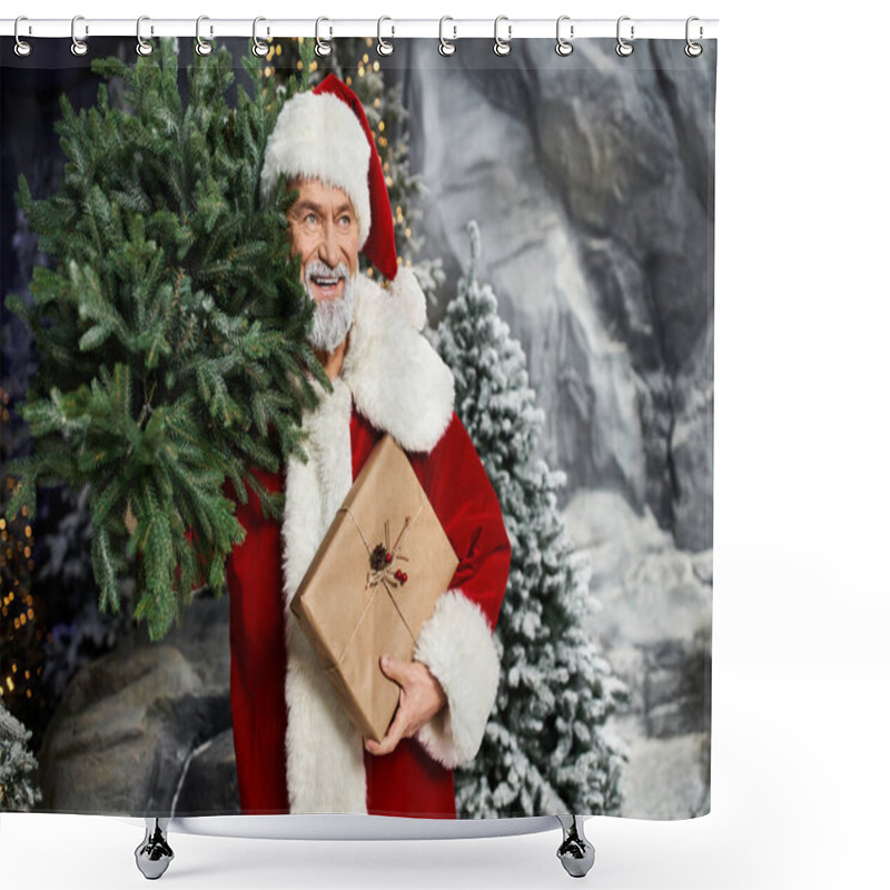 Personality  Santa Claus Holds A Festive Gift While Surrounded By Snow Covered Trees And Decorations Shower Curtains